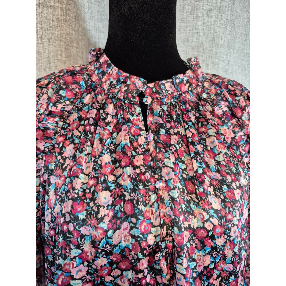 Buddy Love Floral Ruffle Neck Blouse Small Smocked Cuffs Sheer Long Sleeve Boho - Picture 2 of 9
